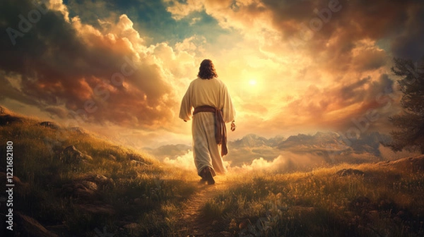 Fototapeta The Christ walks along a winding path towards a stunning sunset, surrounded by lush greenery and majestic mountains. The sky is painted with warm hues.