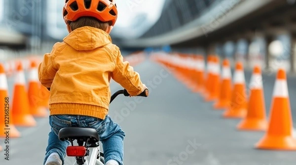 Fototapeta A child riding a bicycle on a road marked with orange traffic cones.