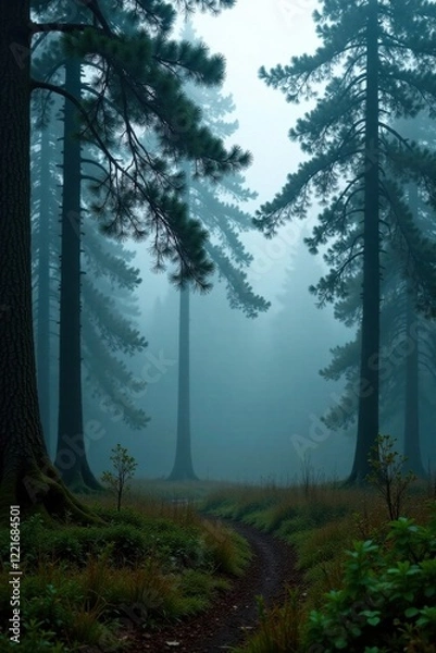 Fototapeta Dense fir trees sway in misty forest, fir, atmosphere