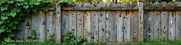 Fototapeta Distressed wooden fence with vines, fence, vintage