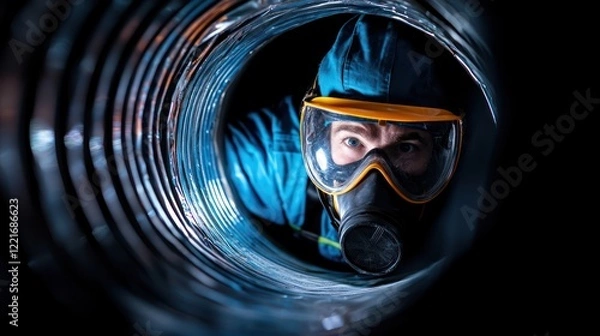 Fototapeta A person in protective gear navigating through a metallic tunnel.