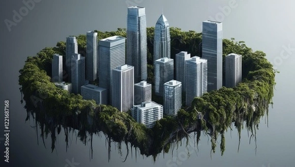 Fototapeta A futuristic cityscape surrounded by lush greenery, blending urban architecture with nature, creating a harmonious coexistence.