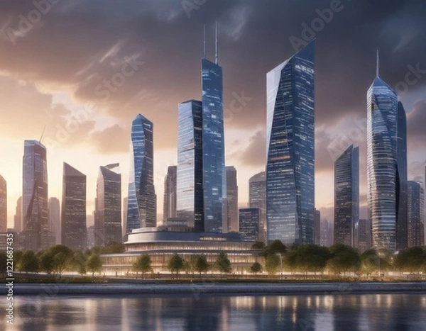 Fototapeta Annual report background with modern building and cityscape, architecture, modern