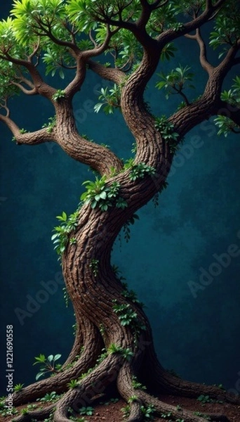 Fototapeta Dark pattern of tree branches with intertwined exotic vines, organic shape, tree branches