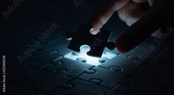 Obraz Close-up image of a hand placing the last puzzle piece into a glowing, luminous background completing the puzzle. Symbolizing problem-solving, solutions, and completion in a dramatic setting.

