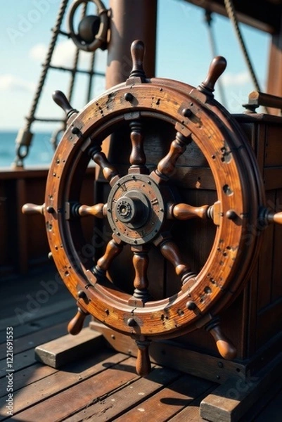 Obraz Distressed wooden nautical wheel on a old sailing ship's deck, old ship, monochrome, wooden wheel