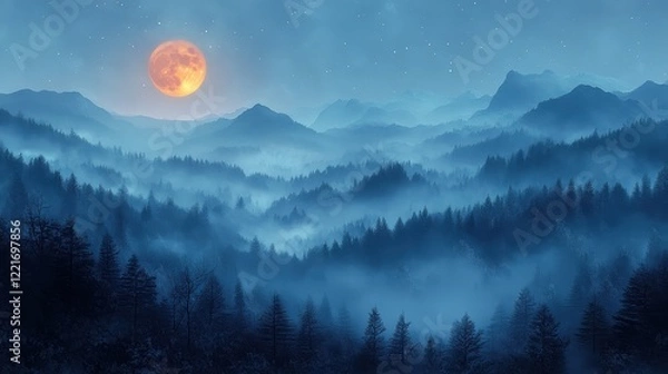 Fototapeta A misty, moonlit mountain landscape, with the full harvest moon rising in the background.