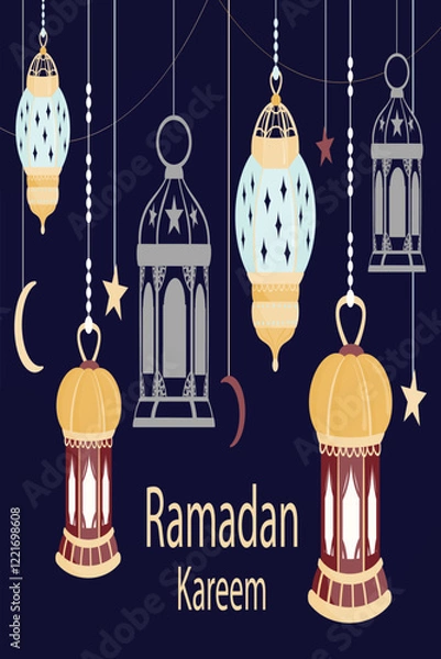 Fototapeta Ramadan Kareem Islamic design crescent moon with Arabic pattern and lamps, blue galaxy background.
