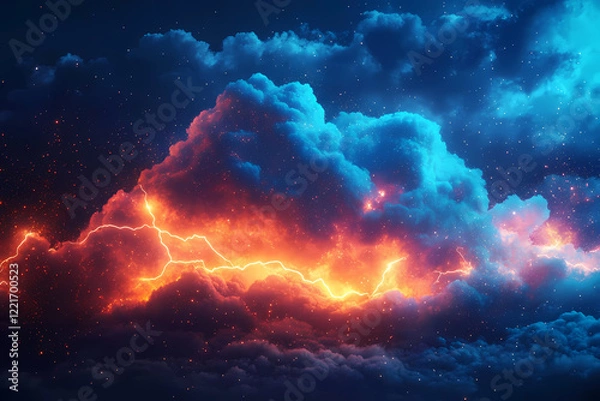 Fototapeta A vibrant digital cloud illuminated by neon lightning bolts, creating a dynamic and futuristic visual concept