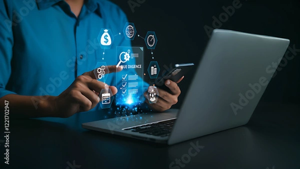 Fototapeta Modern Due Diligence Concept .Businessman Performing Due Diligence with Digital Checklist and Laptop ,legal ,corporate compliance and digital transformation ,Analysis, Technology ,Management .