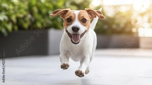 Fototapeta A dog running through an open field at sunset.