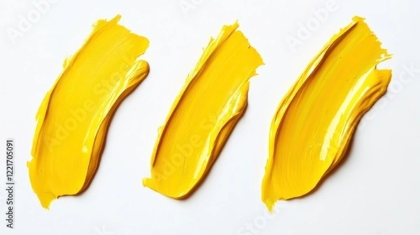 Fototapeta Three strokes of yellow glossy oil paint on white background