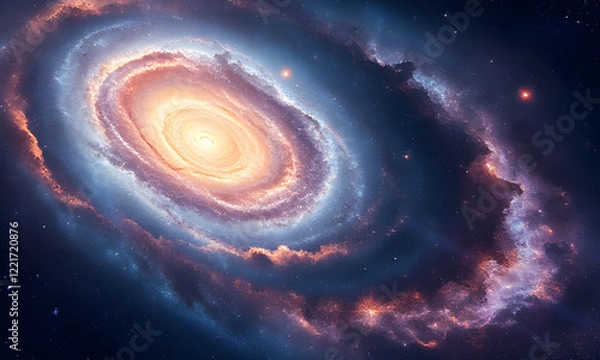 Fototapeta A vibrant spiral galaxy with orange and purple hues, suitable for space-themed designs, astronomy publications, or science-related projects