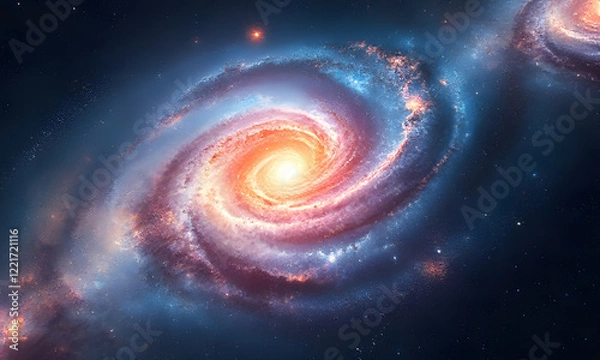 Fototapeta A vibrant spiral galaxy with orange and purple hues, suitable for space-themed designs, astronomy publications, or science-related projects