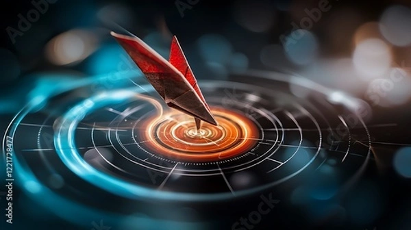 Obraz Red paper airplane hitting digital target, bokeh background. Business success concept