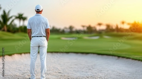Fototapeta Golfer contemplating shot on sunlit desert golf course