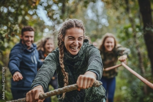 Fototapeta Energetic team building activity in nature with enthusiastic coworkers