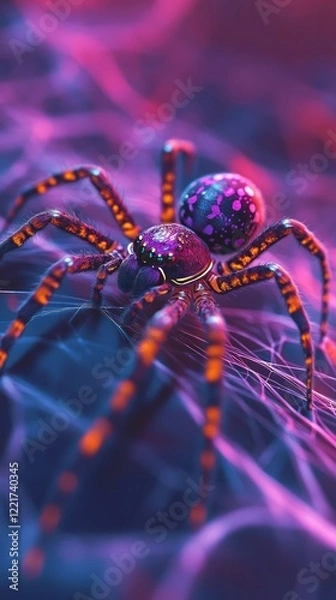 Fototapeta Captivating close up image of a spider or other arachnid creature in vivid neon purple blue and pink hues  The intricate patterns