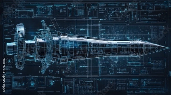 Fototapeta Futuristic turbine engine blueprint in holographic design