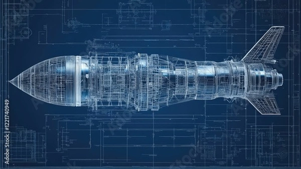 Fototapeta Futuristic turbine engine blueprint in holographic design