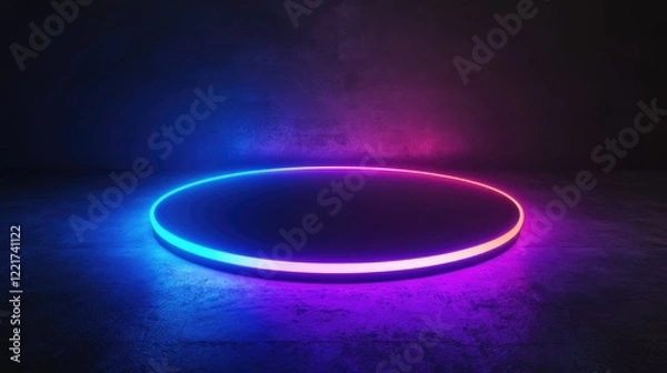 Fototapeta Futuristic virtual technology concept with neon lights in dark room. 3D Rendering Mock up