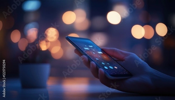 Fototapeta Social Media Update on Mobile Phone at Night with Bokeh Lights