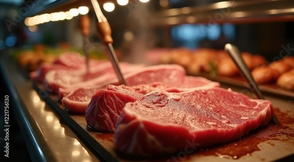 Fototapeta Arafed steaks on a tray with a knife in the middle