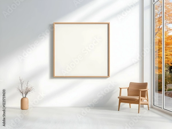 Fototapeta Empty frame, autumn view, chair, room