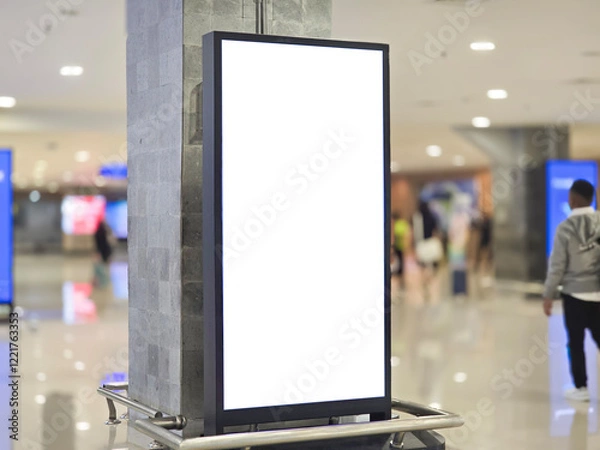 Fototapeta blank white billboards on pillars in the airport corridor.