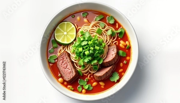 Obraz Delicious vietnamese pho with beef in white bowl. Fresh herbs cilantro, basil garnished with lime, spring onions. Bowl full of flavourful broth. Noodle in bowl cooked perfectly. Appetizing, healthy