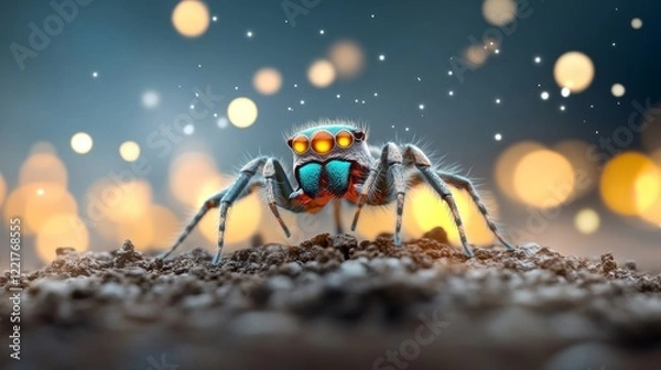 Fototapeta Close-Up of a Colorful Spider with Bright Orange Eyes on a Textured Surface Surrounded by Soft Bokeh Lights Creating a Magical Atmosphere