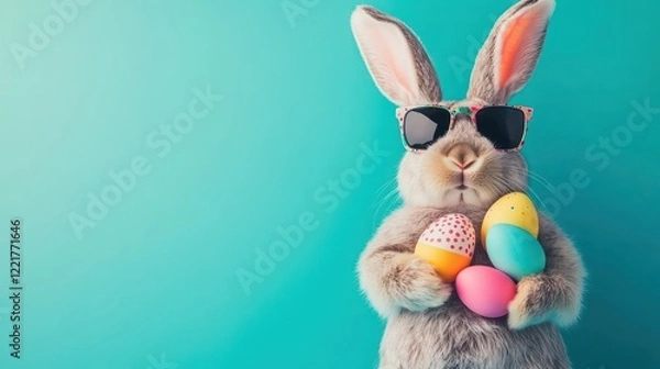 Fototapeta Playful Easter bunny wearing sunglasses and holding colorful eggs on a turquoise background with space for text