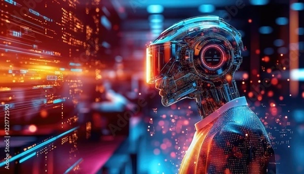 Fototapeta Robotics Lab Robotic Figure Analyzing Digital Data in Futuristic Setting