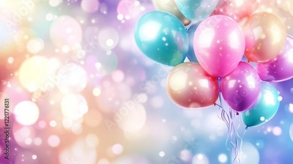 Fototapeta Pastel-colored balloons float against a dreamy bokeh background.