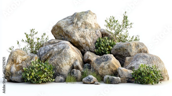 Fototapeta A pile of rocks and moss grass on a white background