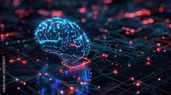 Obraz digital brain with glowing circuits and connections, representing artificial intelligence and technology. vibrant colors create futuristic atmosphere