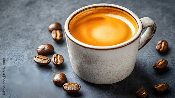 Fototapeta Aromatic Coffee Cup with Fresh Coffee Beans on Textured Surface