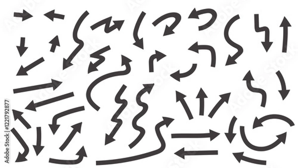 Fototapeta Vector set of arrow silhouettes, black direction icons, various arrows, abstract designs, navigation symbols.
