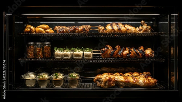 Fototapeta Freshly Cooked Meats and Sides in Professional Kitchen Display Case
