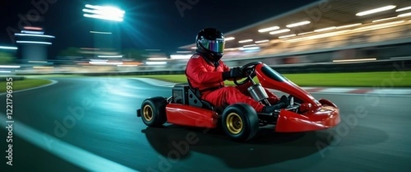 Fototapeta Go-kart racer in red suit drives fast on night track. Fast action, blur motion on speed racing track. Night race, excitement, competition. Driver in helmet, gear. Dynamic sport performance at night.