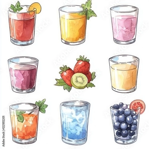 Fototapeta Nine colorful drinks in glasses with fruit and ice.