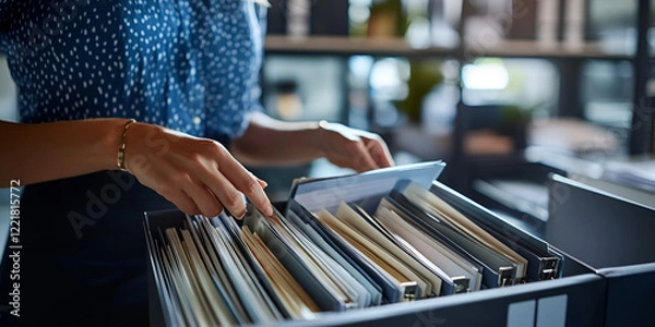 Fototapeta Woman organizing files in a cabinet at an office, Workplace organization and efficient document management
