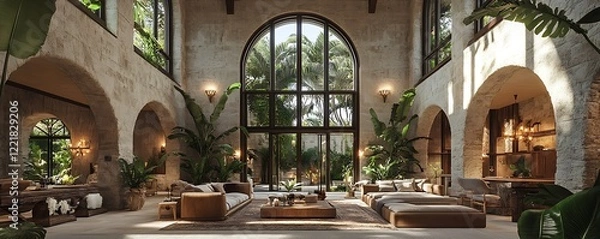 Obraz A stylish living space featuring abundant greenery and modern design elements in a serene environment.