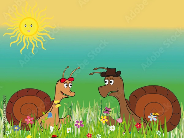 Obraz Valentines Day spring couple of snails. Insect happy story on a blooming meadow with insects, gradient background with space and sun.