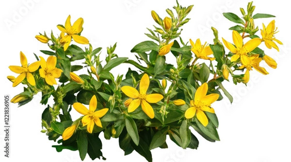 Fototapeta Golden Shower of Flowers: A vibrant cluster of bright yellow flowers, radiating warmth and sunshine, blossoms in a lush green foliage, creating a cheerful and lively floral arrangement. 