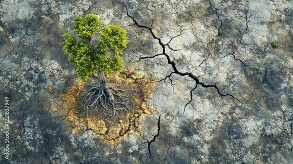 Fototapeta Resilient Tree Growing on Dry Cracked Ground Symbolizing Hope and Survival in Harsh Conditions, Representing the Struggles of Nature and Climate Change Crisis