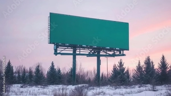 Fototapeta A blank billboard stands in a snowy landscape under a pastel sky at dusk.