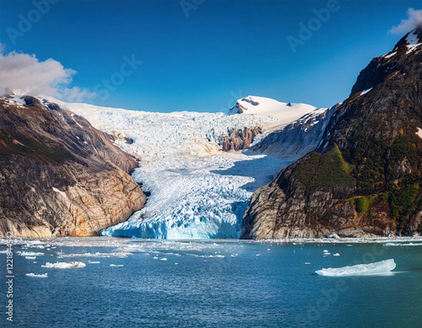 Fototapeta A majestic glacier flows between rugged mountains into a serene body of water, with floating icebergs under a clear blue sky