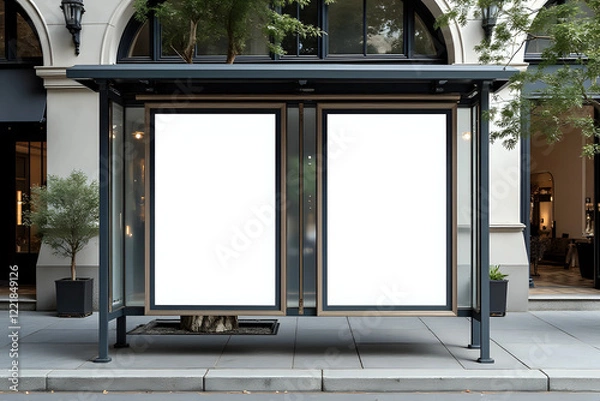 Fototapeta Mockup Of Empty Bus Stop Billboard In Front Of Luxury Store. Two Blank Advertising Poster Sign Boards On The City Street