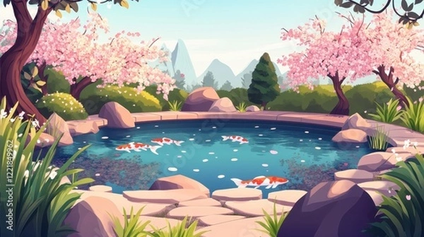 Fototapeta Serene Koi Pond Amidst Blossoming Cherry Trees